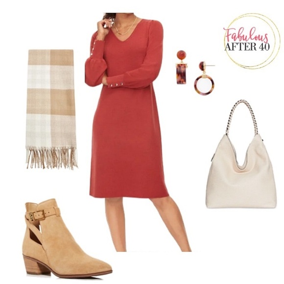 Talbots Pure Soft Merino Wool V-Neck Puff Sleeve Autumn Sweater Dress SP Scallop - Picture 3 of 13